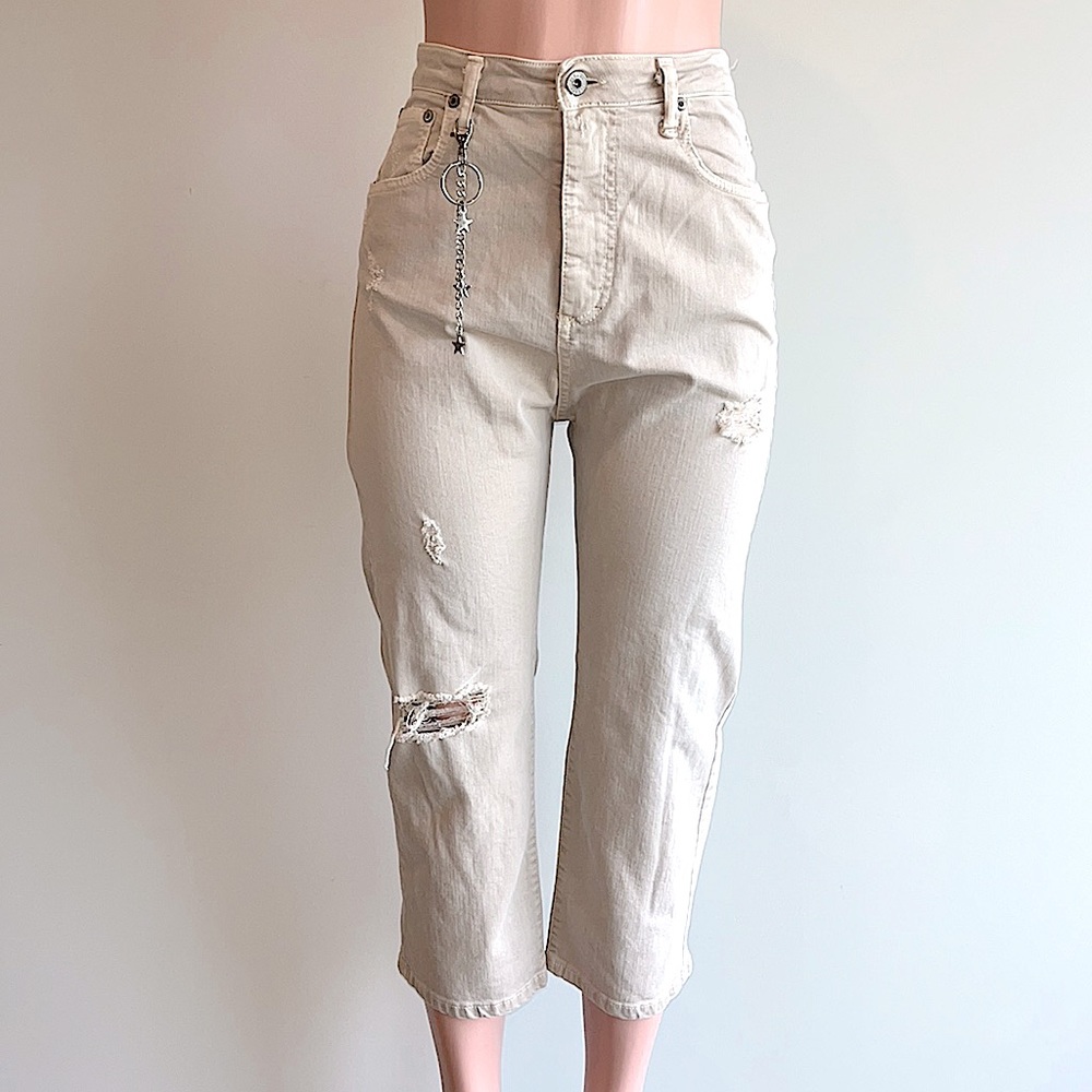 Please Jeans Made in Italy Charm Distressed Denim Oat Milk Cream Small. NWOT